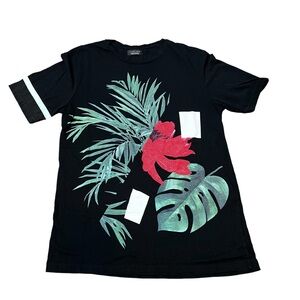 ZARA MAN Black Floral/Tropical Print Graphic T-shirt Cotton Blend SZ:M